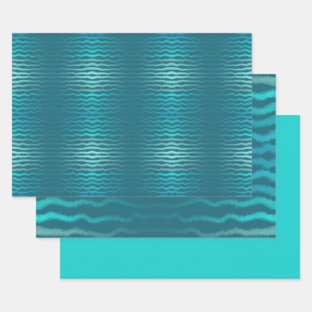 Coastal Beach Salty Turquoise Wave Abstract Design Wrapping Paper Sheet (Set)