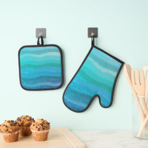 Coastal Beach Salty Waves On Turquoise  Oven Mitt & Pot Holder Set
