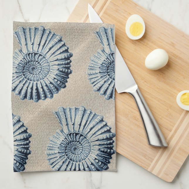 Coastal Beach Sand & Blue Spiral Seashells Tea Towel (Quarter Fold)