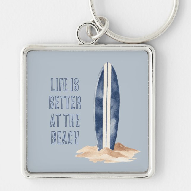 Coastal Beach Sand Blue White Surf Board Key Ring (Front)