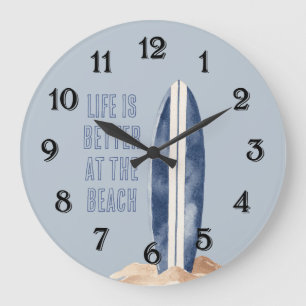 Coastal Beach Sand Blue White Surf Board Large Clock