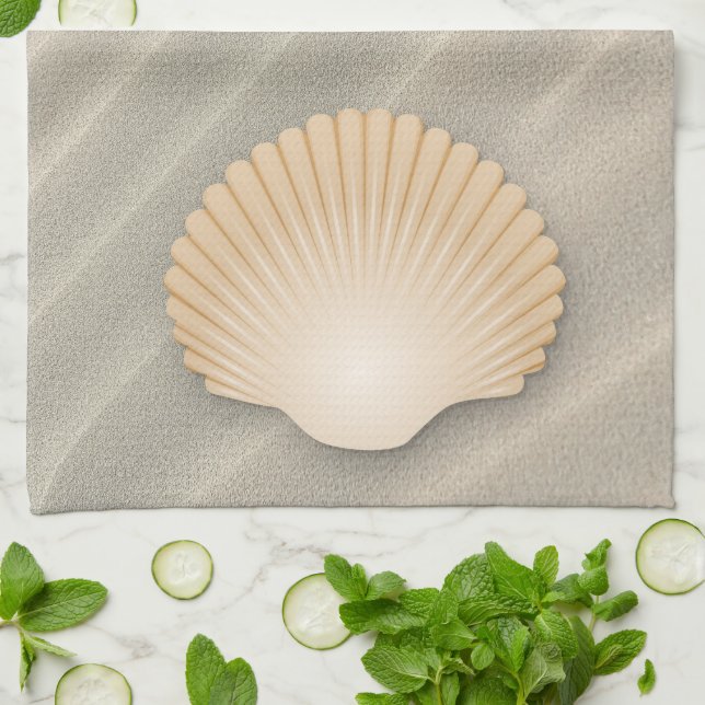 Coastal Beach Sand & Tan Seashell Tea Towel (Folded)
