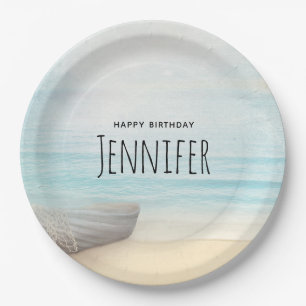 Coastal Beach Scene with a Fishing Boat Birthday Paper Plate