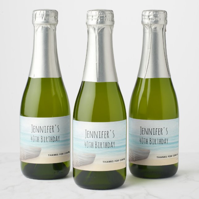 Coastal Beach Scene with a Fishing Boat Birthday Sparkling Wine Label (Bottles)