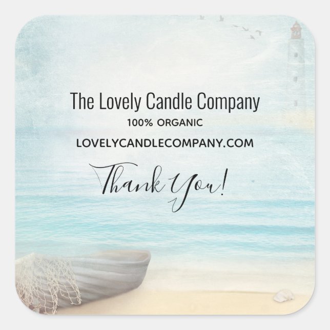 Coastal Beach Scene with a Fishing Boat Business Square Sticker (Front)