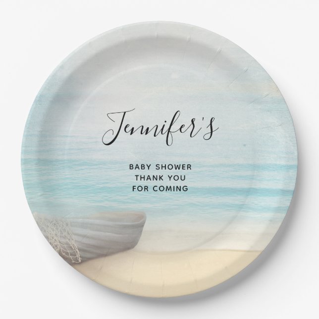 Coastal Beach Scene with a Fishing Boat Shower Paper Plate (Front)
