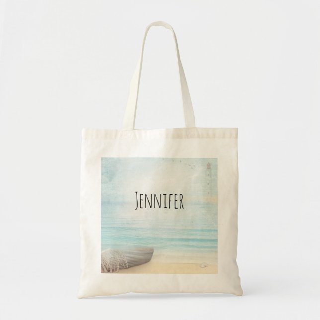 Coastal Beach Scene with a Fishing Boat Tote Bag (Front)