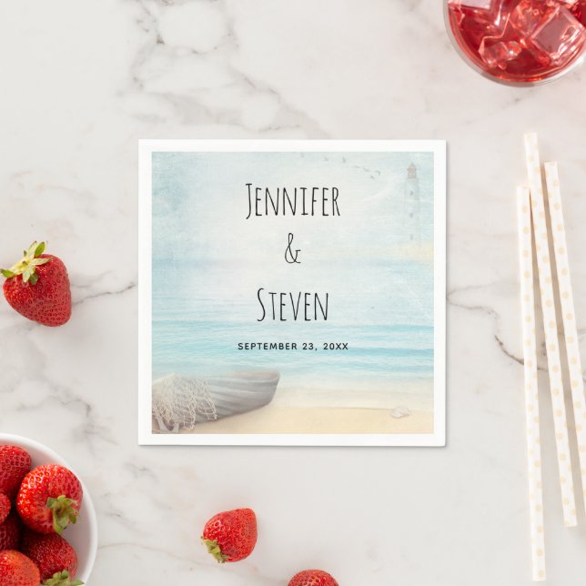 Coastal Beach Scene with a Fishing Boat Wedding Napkin (Insitu)