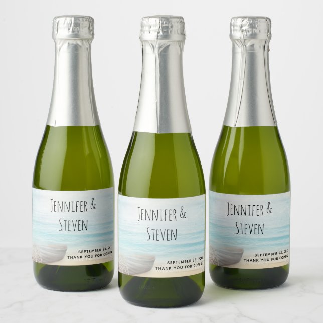 Coastal Beach Scene with a Fishing Boat Wedding Sparkling Wine Label (Bottles)