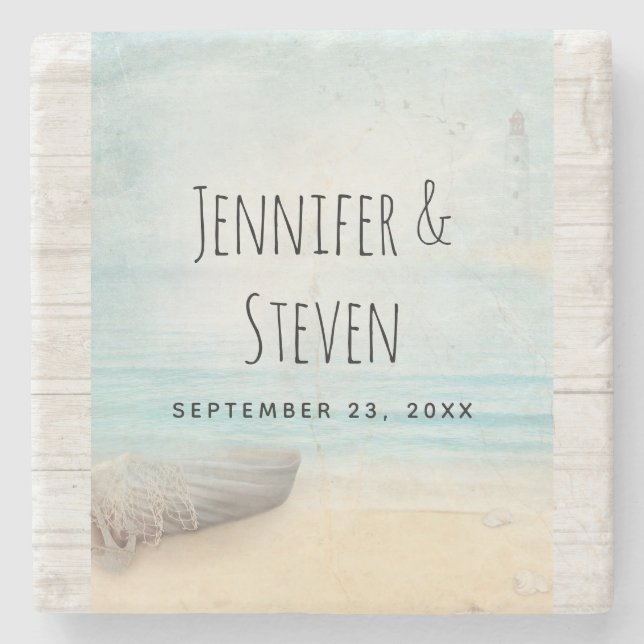 Coastal Beach Scene with a Fishing Boat Wedding Stone Coaster (Front)