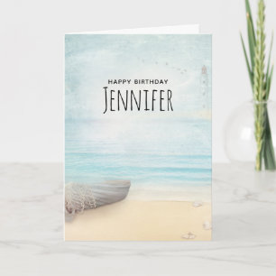 Coastal Beach Scene with Boat & Lighthouse Card