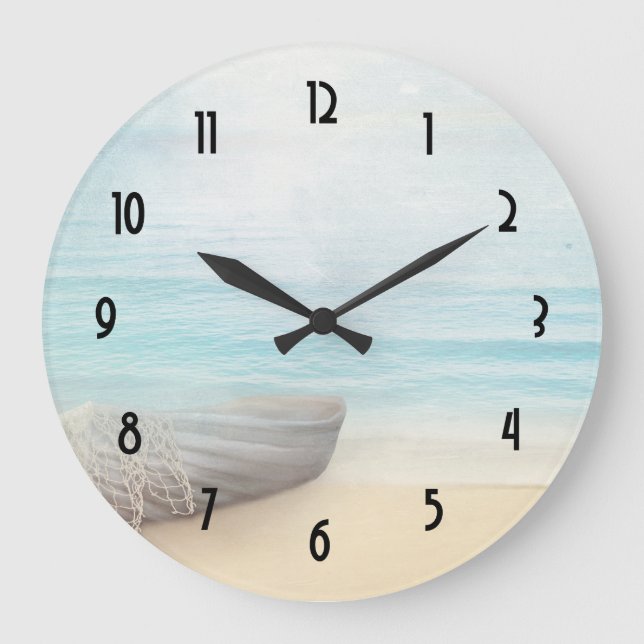 Coastal Beach Scene with Wood Rowboat Large Clock (Front)