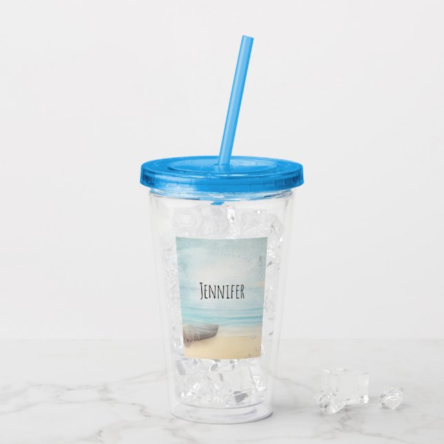 Coastal Beach Scene with Wooden Rowboat Acrylic Tumbler (Back Ice)
