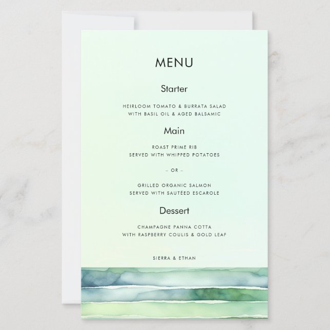 Coastal Beach Sea Green Tide Pool Wedding Menu (Front)