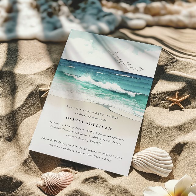 Coastal Beach Sea Sand Watercolor Baby Shower Invitation (Coastal Beach Sea Sand Watercolor Baby Shower Invitation )