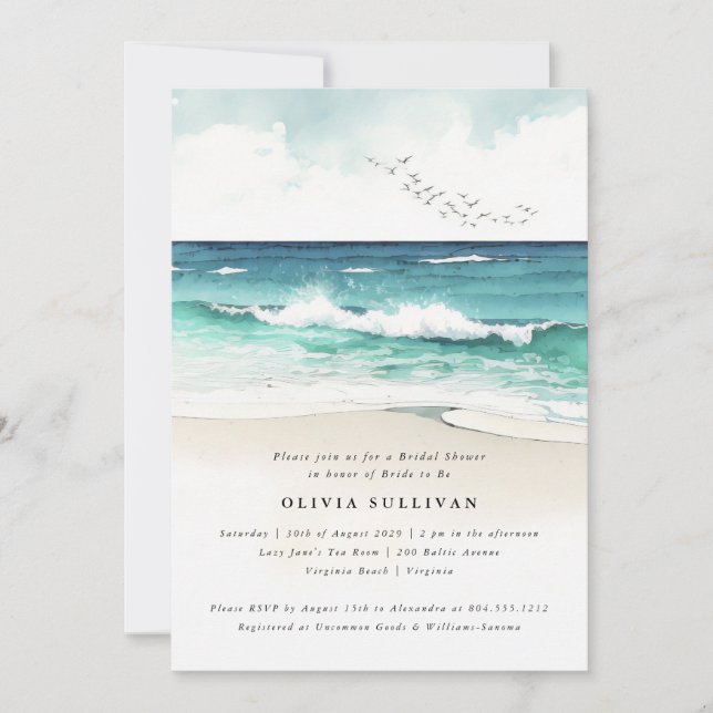 Coastal Beach Sea Sand Watercolor Bridal Shower  Invitation (Front)