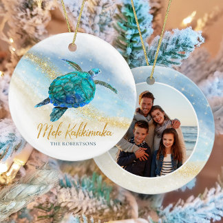 Coastal Beach Sea Turtle Mele Kalikimaka Photo Ceramic Tree Decoration
