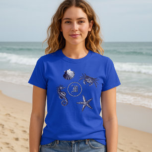 Coastal  Beach Seahorse Starfish Crab  Monogram T-Shirt