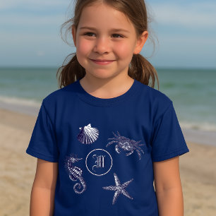 Coastal  Beach Seahorse Starfish Crab  Monogram T-Shirt