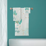 Coastal Beach SEAS & GREETINGS Turquoise Glitter Bath Towel Set<br><div class="desc">Coastal, beach or tropical Christmas holiday towel set to decorate your bathroom or guest bath. The design features SEAS AND GREETINGS in modern calligraphy script typography in turquoise, aqua and teal watercolor with coral, starfish and sand dollars accented with faux glitter. ASSISTANCE: For help with design modification or personalization, color...</div>