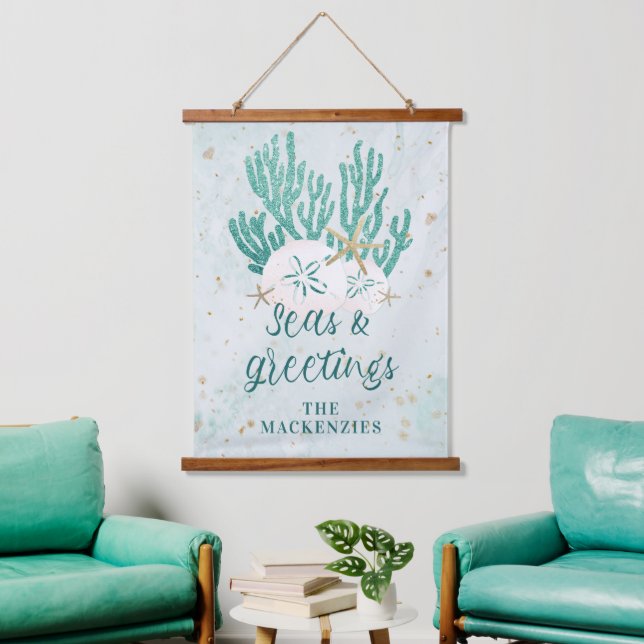 Coastal Beach SEAS & GREETINGS Turquoise Glitter Hanging Tapestry (Living Room)