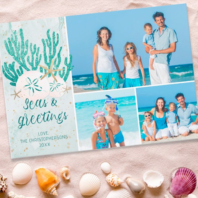 Coastal Beach SEAS & GREETINGS Turquoise Glitter Holiday Card (Creator Uploaded)