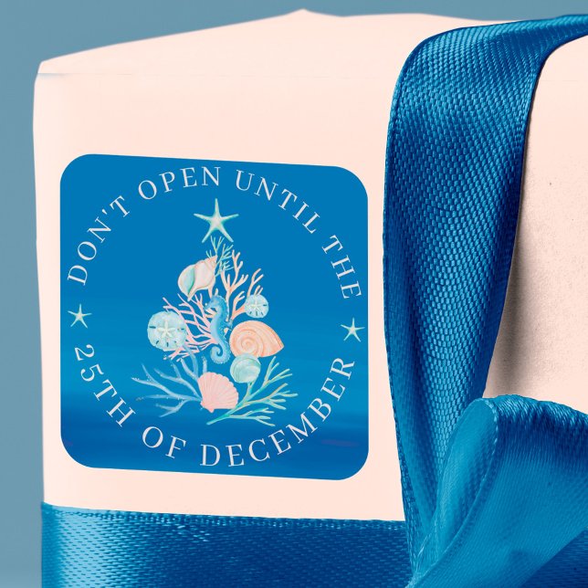 Coastal Beach Seashell Don't Open Until Christmas Classic Round Sticker (Coastal Beach Seashell Don't Open Until Christmas Classic Round Sticker)