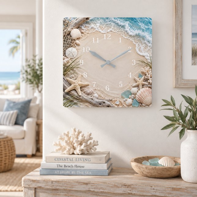 Coastal Beach Seashells Starfish Ocean Square Wall Clock (Coastal Beach Seashells Starfish Ocean Square Wall Clock)