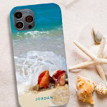 Coastal Beach Shells Seashore Photo Name Case-Mate iPhone 14 Case<br><div class="desc">Personalised cell phone case with your own full-bleed photo (or use the sample one) and custom text in your choice of font style and colour. The sample photo features a coastal beach shoreline and conch seashells with waves crashing over them on a sandy beach with calm, relaxing turquoise blue ocean...</div>