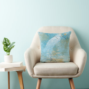 Coastal Beach Snowy Egret Bird Throw Pillow