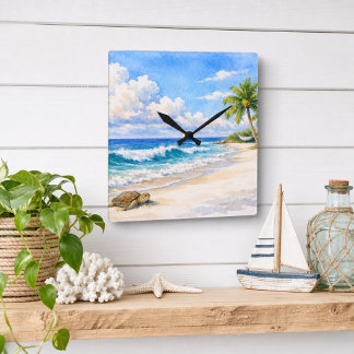 Coastal Beach Square Ocean Art  Wall Clock