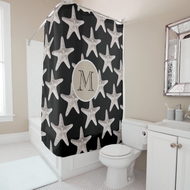 Coastal Beach Starfish Black Beige Monogram Shower Curtain (In Situ)