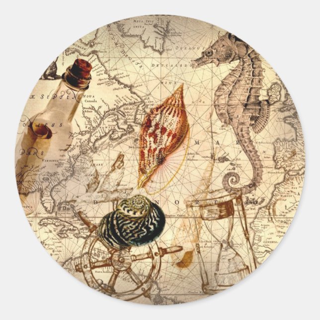 Coastal beach starfish seashell Nautical Map Classic Round Sticker (Front)