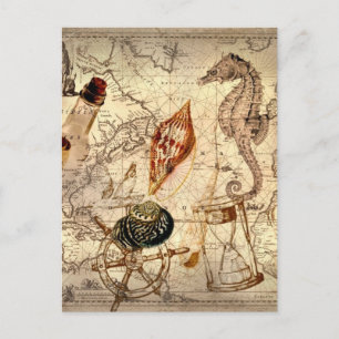 Coastal beach starfish seashell Nautical Map Postcard