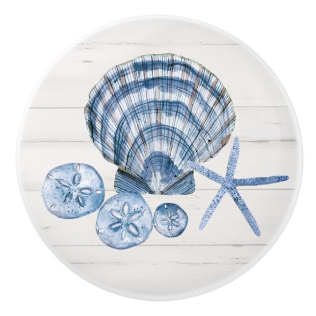Coastal Beach Starfish Seashells Blue White Wood Ceramic Knob (Front)