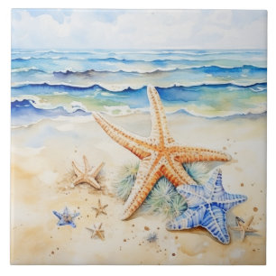 Coastal Beach Starfish Watercolor Tile