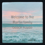Coastal beach sunrise blue coaster personalised<br><div class="desc">Beautiful sunrise at the beach. Photo taken on the Treasure Coast in Vero Beach,  Florida. Beautiful shades of green,  blue and pink to accessorise any home. Perfect addition to your beach house,  cabin,  vacation rental.</div>