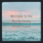 Coastal beach sunrise blue coaster personalised<br><div class="desc">Beautiful sunrise at the beach. Photo taken on the Treasure Coast in Vero Beach,  Florida. Beautiful shades of green,  blue and pink to accessorise any home. Perfect addition to your beach house,  cabin,  vacation rental.</div>
