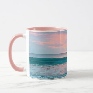 Coastal beach sunrise blue pink green two tone mug