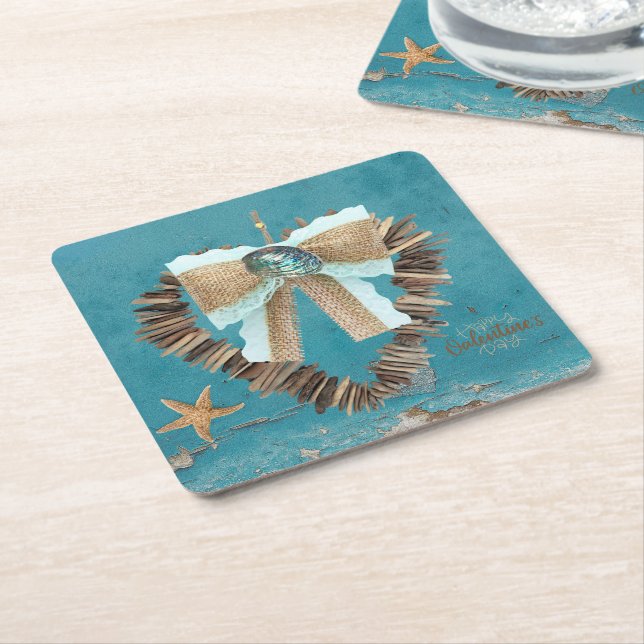 Coastal Beach Theme Driftwood Heart Valentine Day  Square Paper Coaster (Angled)