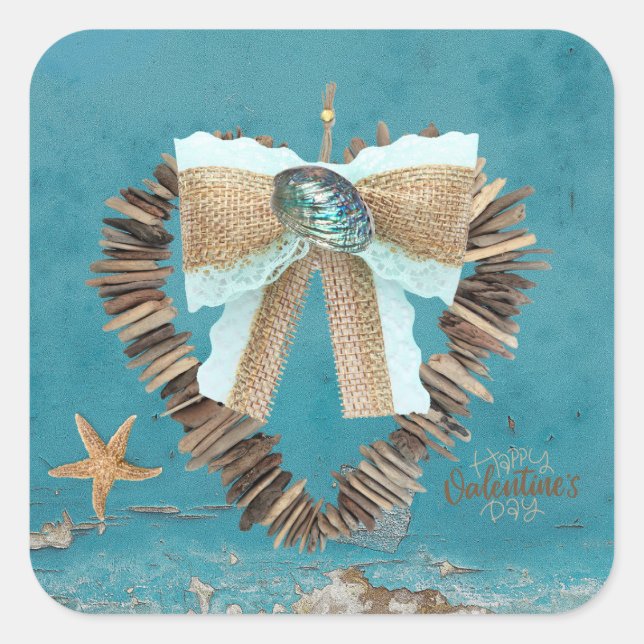 Coastal Beach Theme Driftwood Heart Valentine Day Square Sticker (Front)