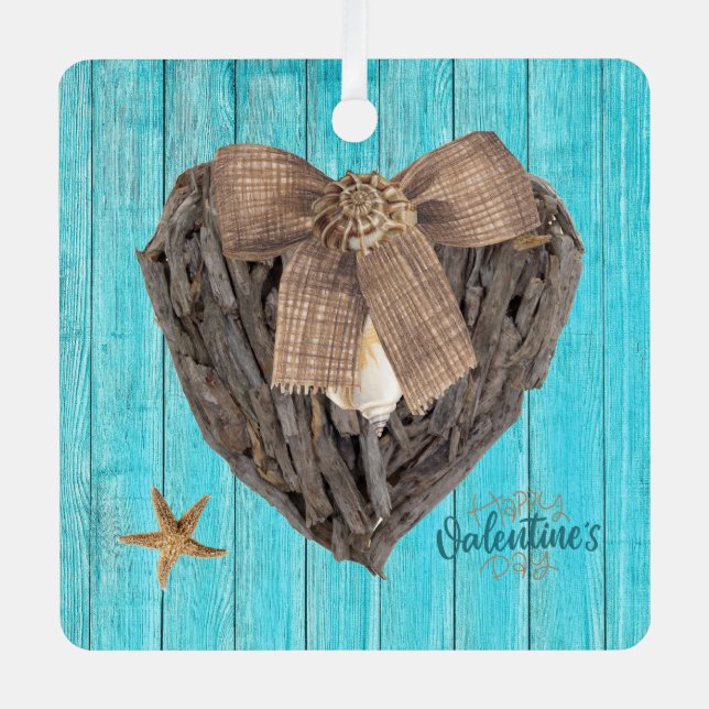 Coastal Beach Theme Driftwood Heart Valentines Day Metal Tree Decoration (Front)