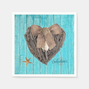Coastal Beach Theme Driftwood Heart Valentines Day Napkin