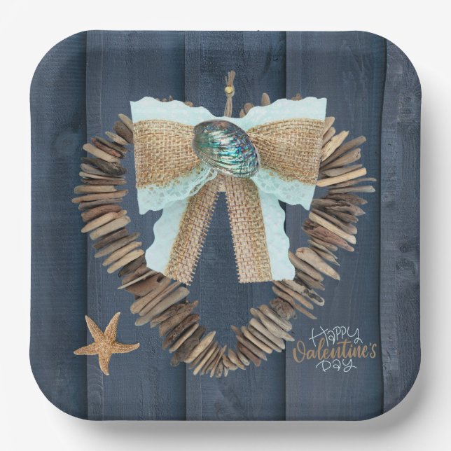 Coastal Beach Theme Driftwood Heart Valentines Day Paper Plate (Front)