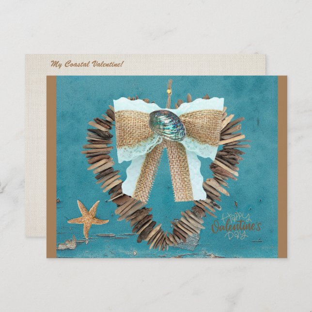 Coastal Beach Theme Driftwood Heart Valentines Day Postcard (Front/Back)