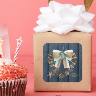 Coastal Beach Theme Driftwood Heart Valentines Day Square Sticker