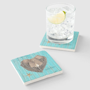 Coastal Beach Theme Driftwood Heart Valentines Day Stone Coaster