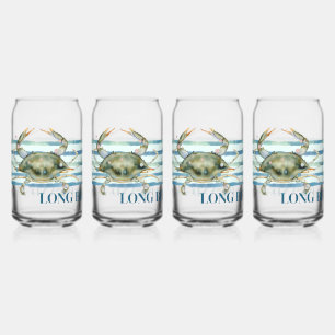 COASTAL BEACH TOWN, WATERCOLOR CRAB ART CAN GLASS