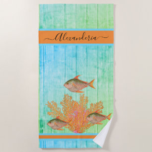 Coastal Beach Tropical Fish Teal Blue Coral Pink Beach Towel