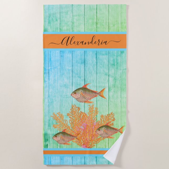 Coastal Beach Tropical Fish Teal Blue Coral Pink Beach Towel (Front)